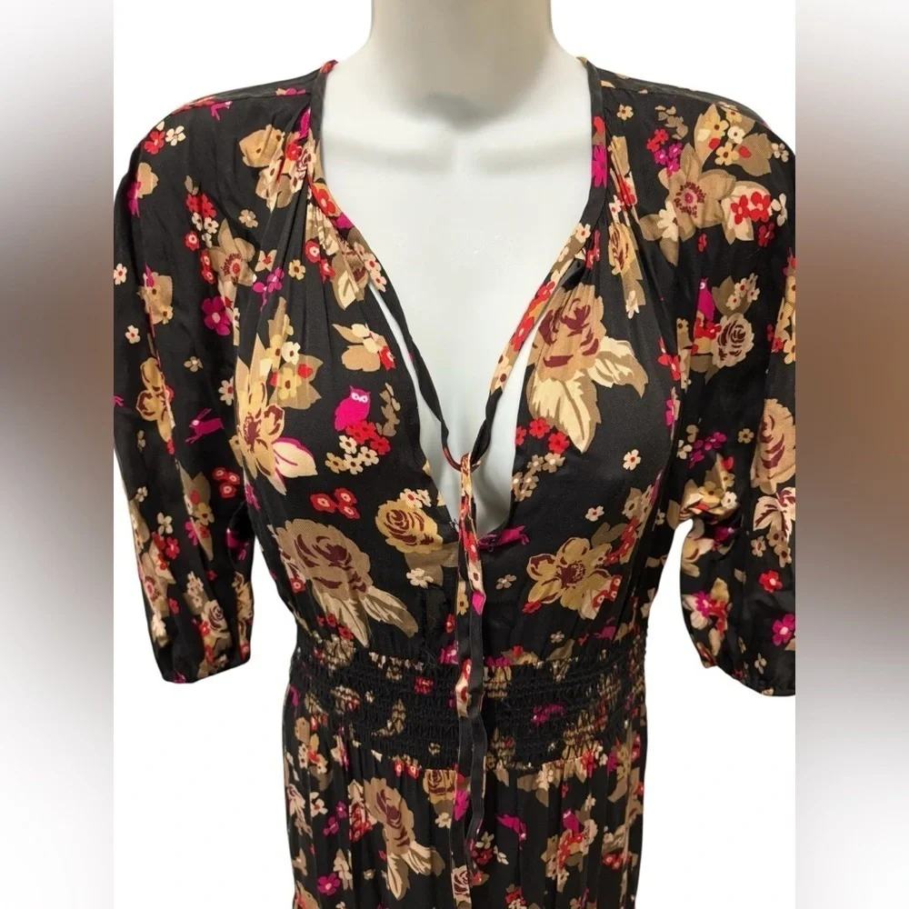 Kate Spade Floral Bouquet Silk Twill Midi Dress Sz XS Smocked Tiered Fall Love